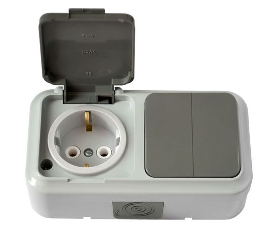 Блок Bylectrica 2 выключателя + розетка с заземляющим контактом ОУ IP54, серия ПРАЛЕСКА АКВА, серый, 2В-РЦ-659 03 