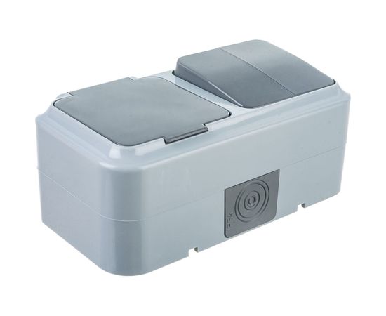 Блок Bylectrica 2 выключателя + розетка с заземляющим контактом ОУ IP54, серия ПРАЛЕСКА АКВА, серый, 2В-РЦ-659 03 – изображение 2