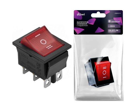 Клавишный выключатель duwi красный с подсветкой 6 контактов, 250В, 16А, ВКЛ-ВЫКЛ-ВКЛ тип RWB-509, 26842 0 – изображение 3