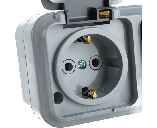 Блок Bylectrica 2 выключателя + розетка с заземляющим контактом ОУ IP54, серия ПРАЛЕСКА АКВА, серый, 2В-РЦ-659 03 – изображение 4