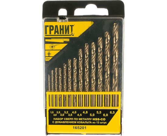 Набор сверл по металлу HSS-Co из 13 штук пластиковая упаковка ГРАНИТ 165201 