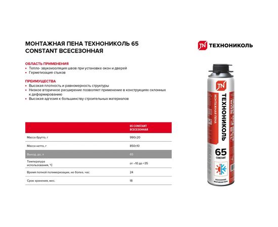 Монтажная профессиональная пена Технониколь 65 CONSTANT всесезонная TN528371 – изображение 3