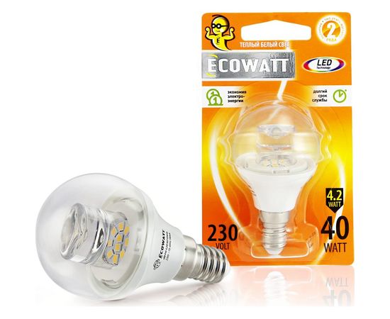 Светодиодная лампа ECOWATT P45, 4.2(40)W, 2700K, E14, CL 300, миньон, теплый белый свет, шарик, прозрачный 4606400419396 