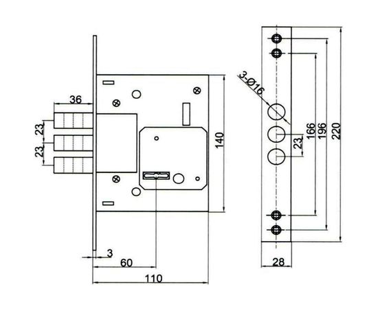 Корпус сувальдного замка DOORLOCK DL9257K/Z/60мм, 5 ключей, хромированная фронтальная планка 28х220мм, диаметр ригелей 16мм 75334 – изображение 2