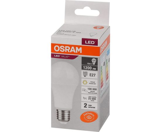 Светодиодная лампа OSRAM LED Value, A, E27, 1200Лм, 15Вт, замена 125Вт, 3000К, теплый белый свет 4058075579095 – изображение 3
