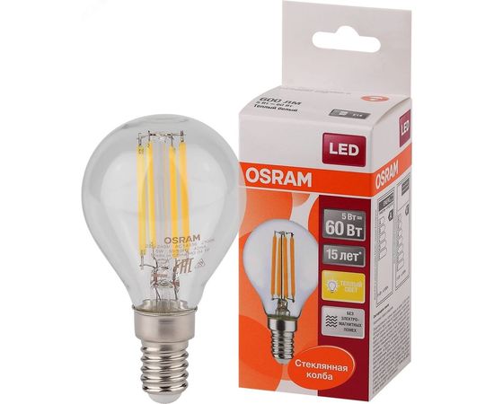 Светодиодная лампа OSRAM LED STAR, P, шар, 5Вт, E14, 600 Лм, 2700 К, теплый белый свет 4058075212459 