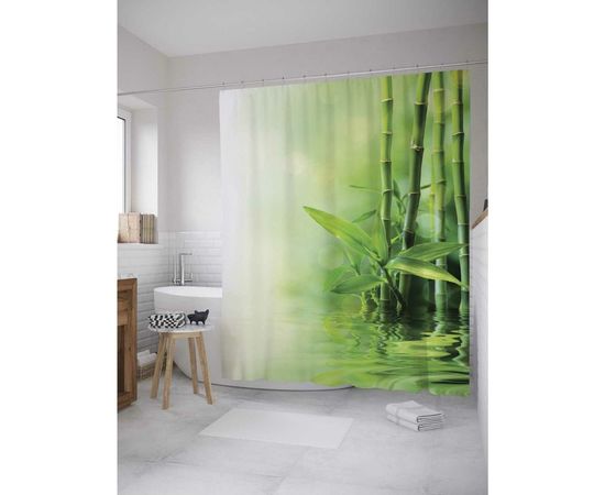 Штора (занавеска) для ванной JoyArty ""Бамбук у воды"" из сатена, 180х200 см с крючками, sc_12188 