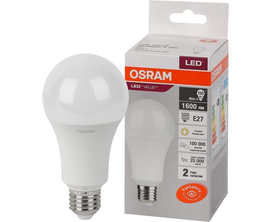 Светодиодная лампа OSRAM, LED, Value, A ,E27, 1600Лм, 20Вт, замена 150Вт, 3000К, теплый белый свет 4058075579293 