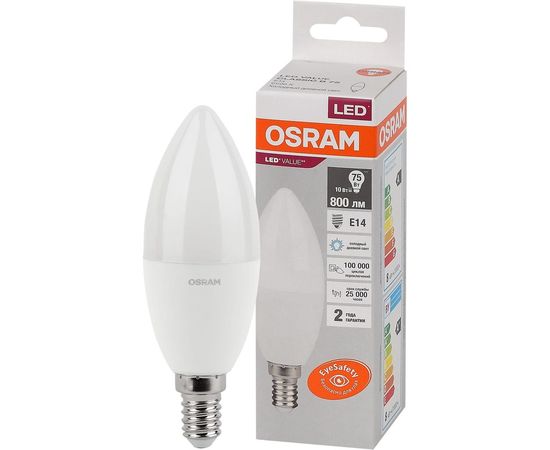 Светодиодная лампа OSRAM LED Value, B, E14, 800Лм, 10Вт, замена 75Вт, 6500К, холодный белый свет 4058075579262 