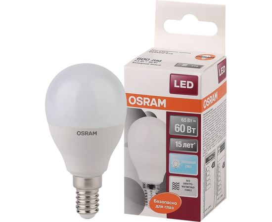 Светодиодная лампа OSRAM LED STAR, P, шар, 6.5Вт, E14, 550 Лм, 4000 К, нейтральный белый свет 4058075134263 – изображение 2