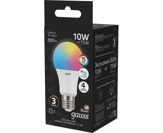 Лампа Gauss A60 10W E27 RGBW+димирование LED 1/50 102102410 – изображение 3
