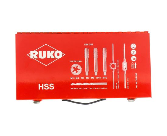 Резьбонарезной набор M3-M12 HSS метчики+плашки+воротки+сверла, 44шт RUKO 245030 – изображение 6