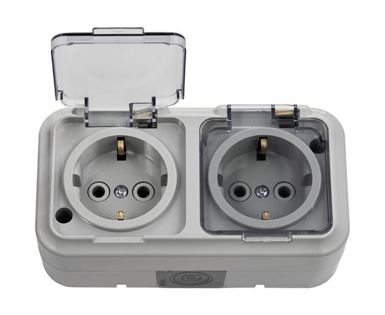 Розетка Bylectrica 2-местная ОУ с заз.конт. IP54, с прозрачной крышкой, серия ПРАЛЕСКА АКВА, серый, РА16-303 (02) 