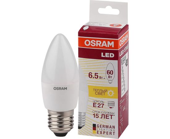 Светодиодная лампа OSRAM LED STAR, B, свеча, 6.5Вт, E27, 550 Лм, 3000 К, теплый белый свет 4058075134232 – изображение 2