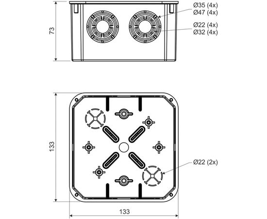 Распределительная коробка KOPOS для твердых стен скрытого монтажа 133х133х73 мм KO 125_KA – изображение 2