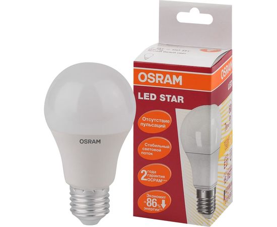 Светодиодная лампа OSRAM LED STAR A Стандарт 7Вт E27 600 Лм 2700 К Теплый белый свет 4058075096387 – изображение 2