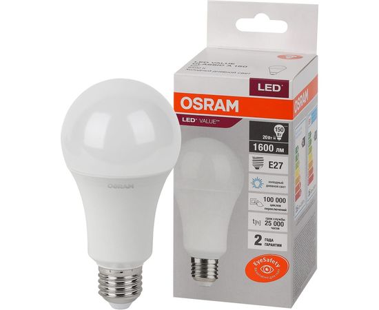 Светодиодная лампа OSRAM LED, Value, A, E27, 1600Лм, 20Вт, замена 150Вт, 6500К, холодный белый свет 4058075579378 