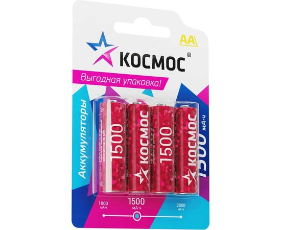Аккумулятор КОСМОС 1500мАч R6 (AA) NiMH 4BL, KOCR6NIMH1500mAh4BL 