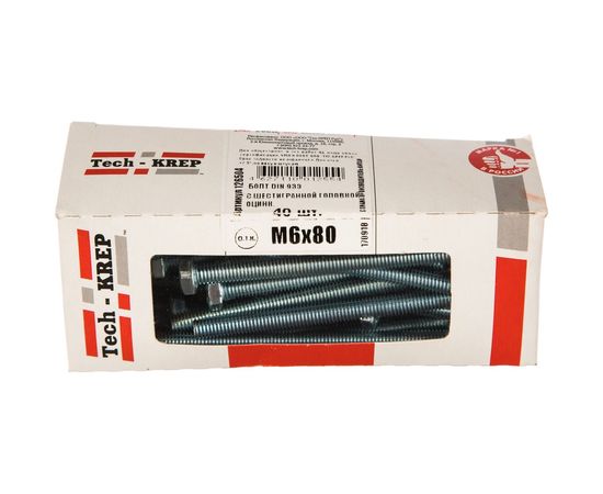 Болт DIN 933 с шестигранной головкой, оцинкованный М6х80, 40шт - коробка Tech-Krep 126504 – изображение 4