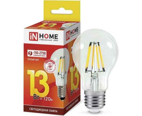 Светодиодная лампа IN HOME LED-A60-deco 13Вт 230В Е27 3000К 1170Лм прозрачная 4690612035581 