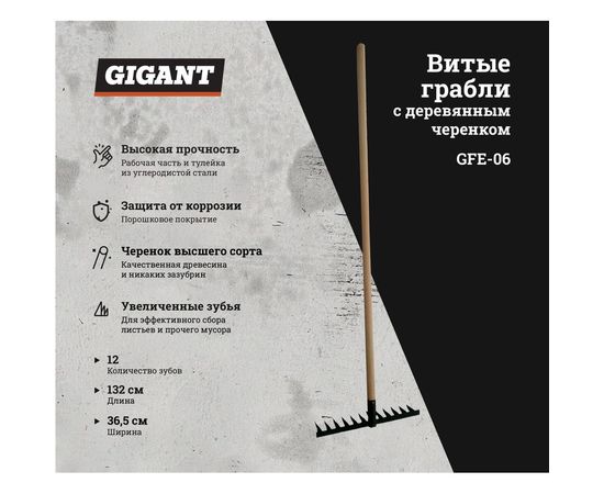 Витые грабли с деревянным черенком Gigant 12-ти зубые GFE-06 – изображение 2