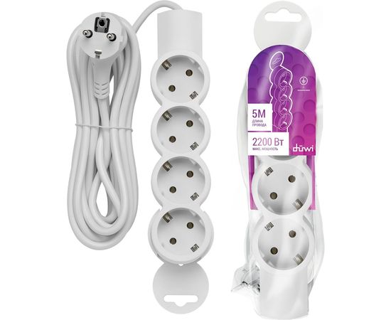 Удлинитель duwi 4 гнезда, без выключателя, с землей, 5 м 32013 7 