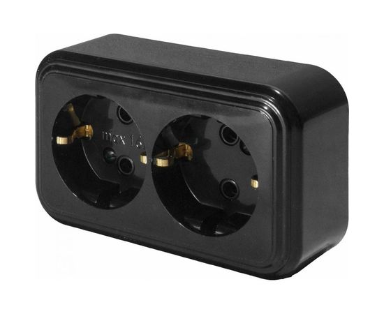 2-местная розетка STEKKER с заземлением PST16-31-20 RA 16-238-Ч, пластик АВС, 16А, IP20, черный 39696 