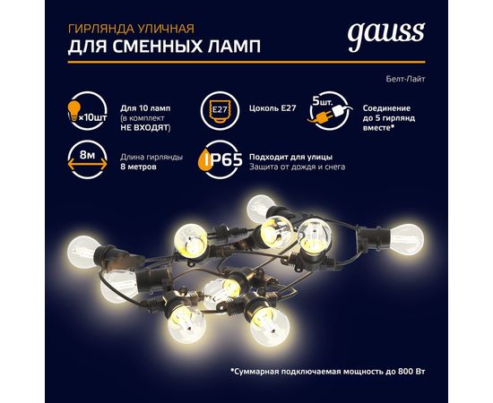 Светодиодная гирлянда Gauss Белт Лайт, серия Holiday, для сменных ламп Е27, 10 ламп, 7.7 м, IP65 HL070 – изображение 6