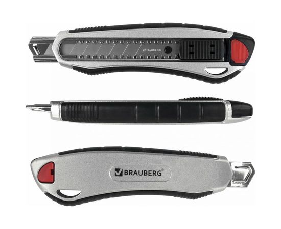 Канцелярский нож BRAUBERG мощный, 18 мм, Heavy duty, автофиксатор, резиновые вставки, металл 237158 – изображение 4