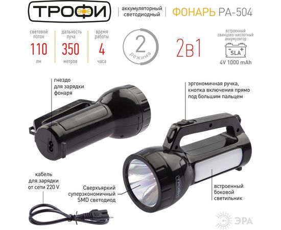 Прожекторный фонарь Трофи PA504 1W, SMD LED, боковой светильник 24 SMD Б0042439 – изображение 2