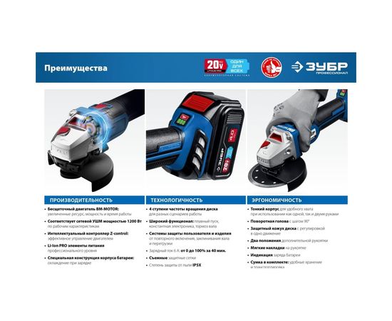 Бесщеточная угловая шлифовальная машина ЗУБР Профессионал 20В AB-125-42 – изображение 23