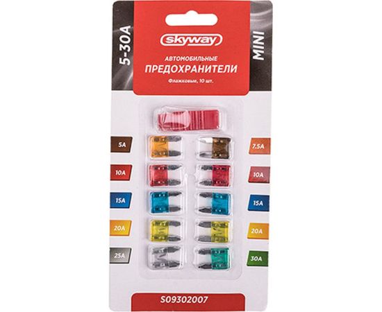 Предохранитель SKYWAY MINI, флажковый, 10 шт., 5-30А, с пинцетом, блистер S09302007 