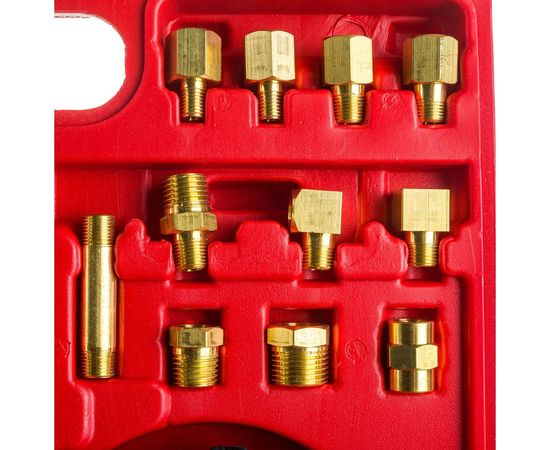 Тестер давления масла в наборе с резьбовыми адаптерами 12 предметов, в кейсе ЭВРИКА ER-86311 – изображение 6