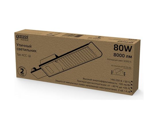 Уличный светильник GAUSS Avenue 80W 8000lm 5000K 190-250V IP65 420х160х57мм черный LED 1/10 629534380 – изображение 3