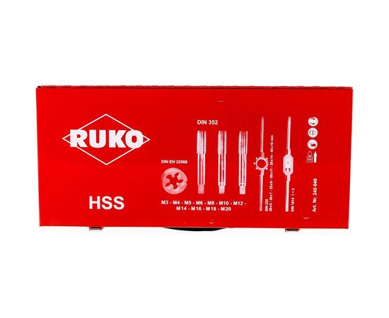 Резьбонарезной набор M3-M20 HSS метчики+плашки+воротки, 54шт RUKO 245040 – изображение 8