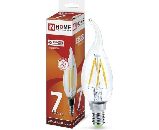 Светодиодная лампа IN HOME LED-СВЕЧА НА ВЕТРУ-deco 7Вт 230В Е14 6500К 630Лм прозрачная 4690612034997 