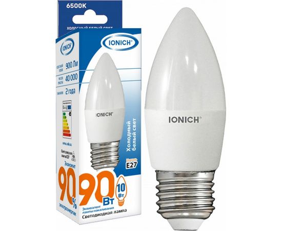 Светодиодная лампа IONICH Свеча ILED-SMD2835-C37-10Вт-900Лм-230В-6500К-E27 1801 
