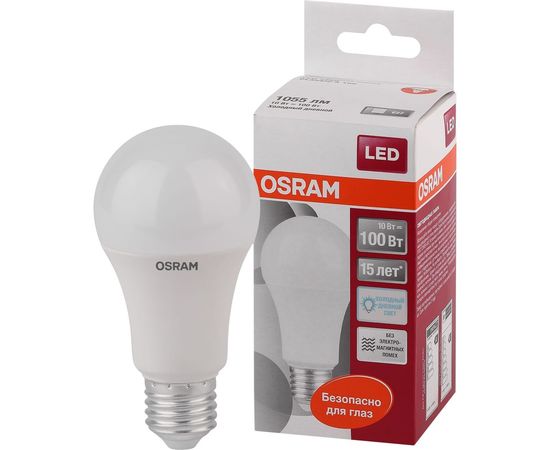 Светодиодная лампа OSRAM LED STAR, A, стандарт, 10Вт, E27, 1055 Лм, 6500 К, холодный белый свет 4052899971585 – изображение 3