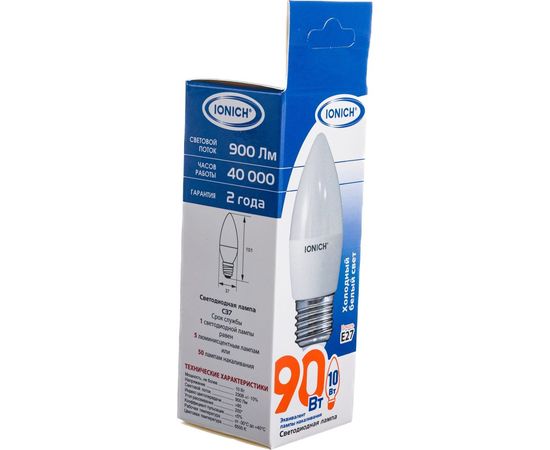 Светодиодная лампа IONICH Свеча ILED-SMD2835-C37-10Вт-900Лм-230В-6500К-E27 1801 – изображение 6