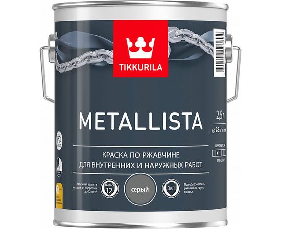 Краска TIKKURILA METALLISTA по ржавчине 3 в 1, глянцевая, серый 2,5л 700011715 