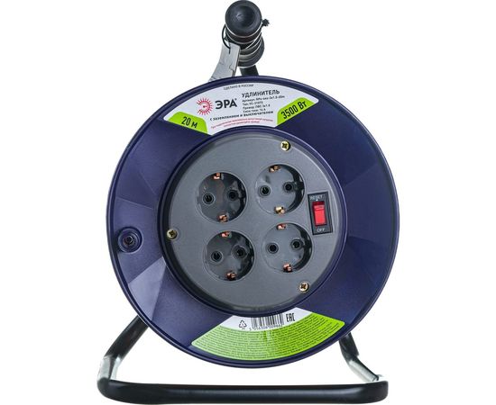 Силовой удлинитель ЭРА RPx4es3x1.520m на пластиковой катушке, c заземлением, 4 гнезда, 20м, ПВС 3х1.5 Б0046849 