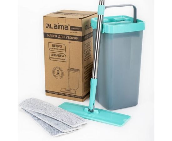 Швабра с отжимом и двухкамерным ведром ЛАЙМА LAIMA COMPACT MOP 3 насадки из микрофибры, 7 литров 607389 