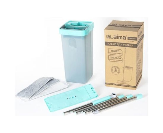 Швабра с отжимом и двухкамерным ведром ЛАЙМА LAIMA COMPACT MOP 3 насадки из микрофибры, 7 литров 607389 – изображение 4