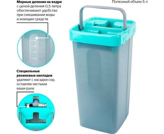 Швабра с отжимом и двухкамерным ведром ЛАЙМА LAIMA COMPACT MOP 3 насадки из микрофибры, 7 литров 607389 – изображение 7