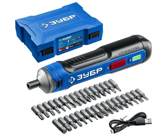 Аккумуляторная отвертка ЗУБР Профессионал 4 Vmax, в кейсе с набором 33 бит PSD-4S 