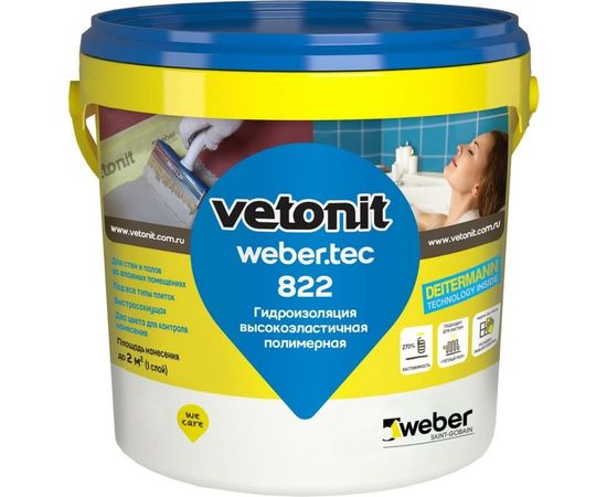 Готовая гидроизоляционная мастика Vetonit weber. tec 822 ведро, 1.2 кг, серая 1021458 