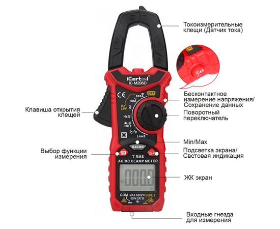 Токовые клещи iCartool 6000 отсчетов, True RMS, LowZ, DCA ZERO IC-M206D – изображение 2