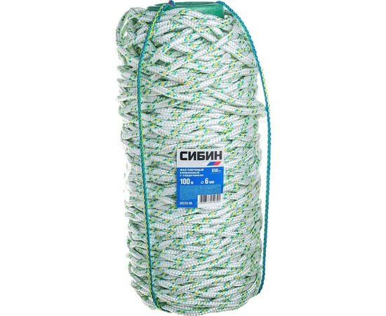 Плетёный капроновый 16-прядный фал с капроновым сердечником, диаметр 6мм, бухта 100м, 650кгс СИБИН 50220-06 