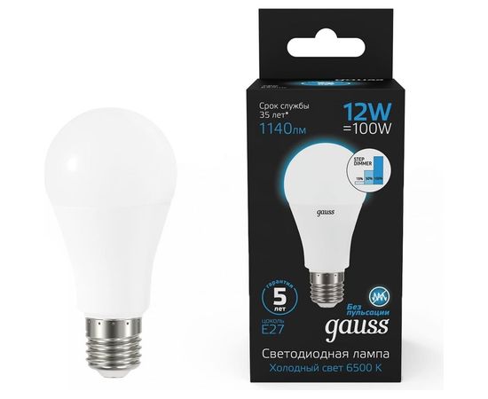 Лампа Gauss A60 12W 1140lm 6500K Е27 шаговое диммирование LED 1/10/50 102502312-S 