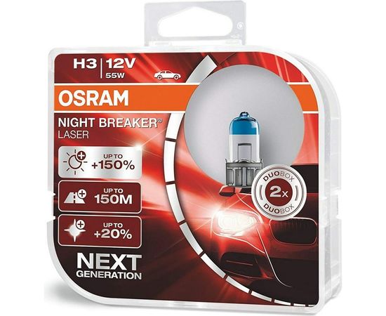 Автолампа, 2шт. OSRAM H3 55 PK22s+150% NIGHT LASER 3400K 12V, 1,10 64151NL-HCB 